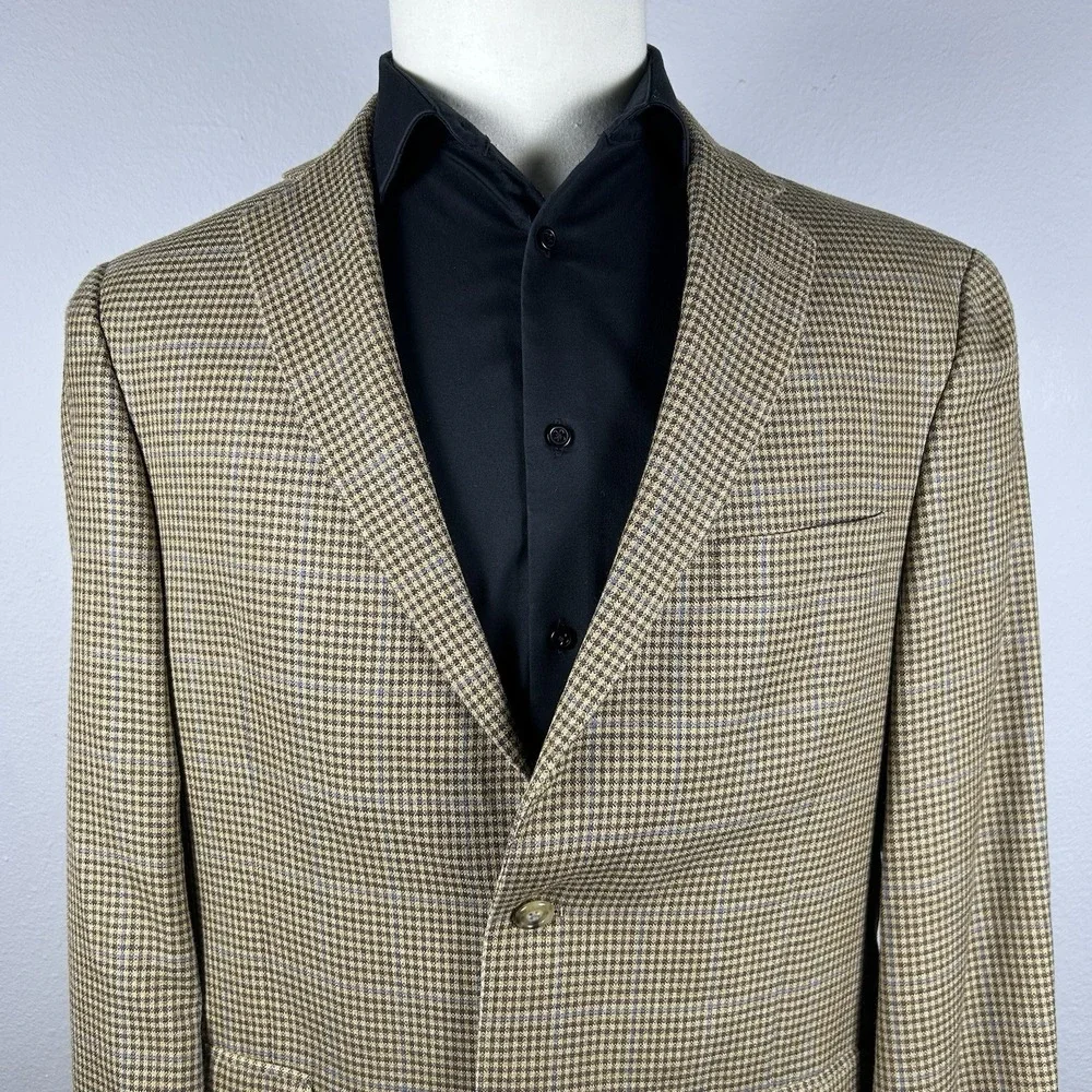 Hart Schaffner Marx 42R Houndstooth Sport Coat Blue Overcheck 2 Button Wool Look